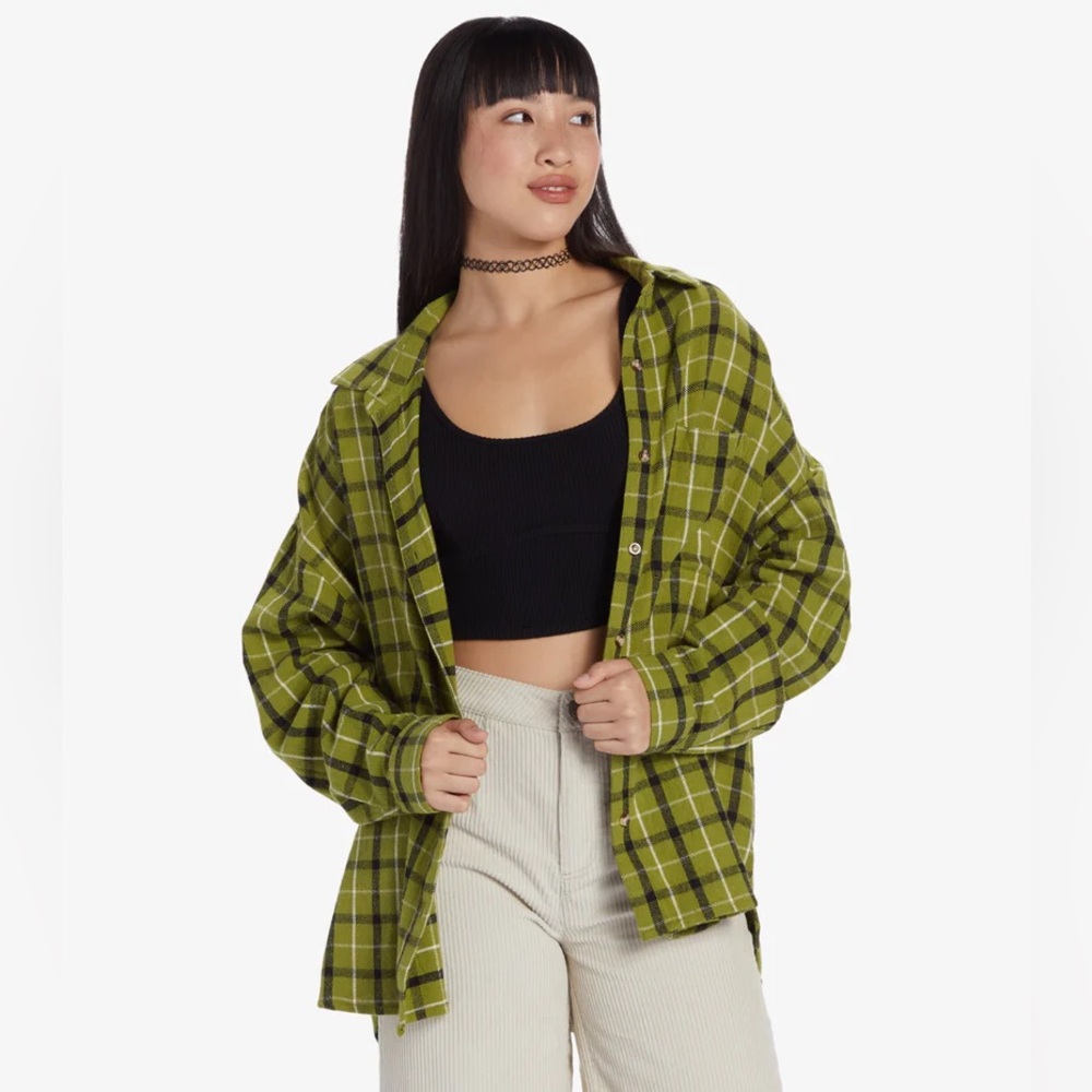 Olive Green Plaid Button-Up Shirt Jacket - Women